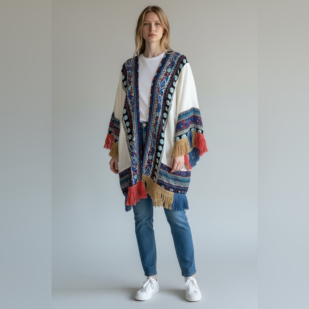 Umgee Colorful Boho Patterned Poncho Kimono Cardigan with Tassel Trim